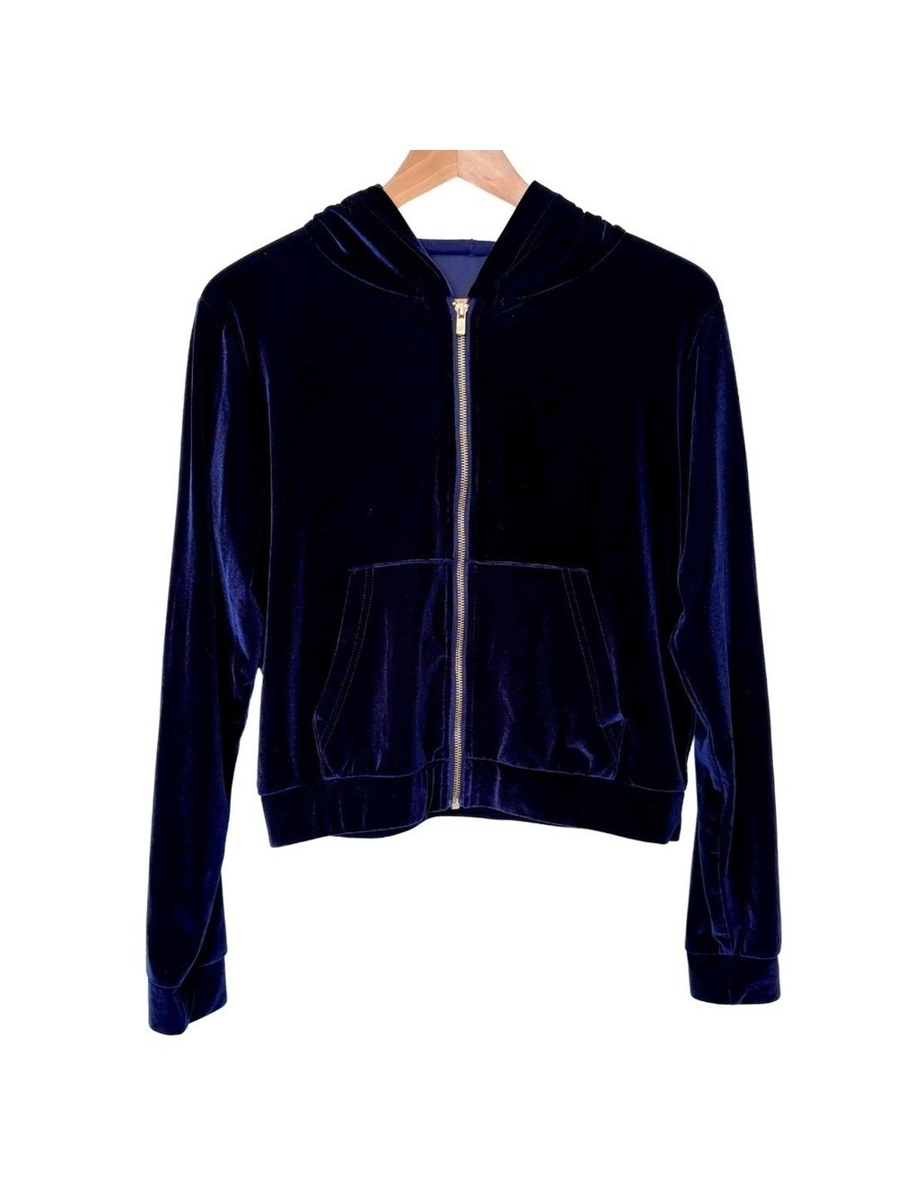 Fabletics Hoodie Navy Blue Velour Luxe Gold Zipper S